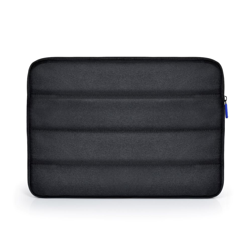 Une housse rembourrée pour ordinateur portable noire avec une fermeture éclair bleue.