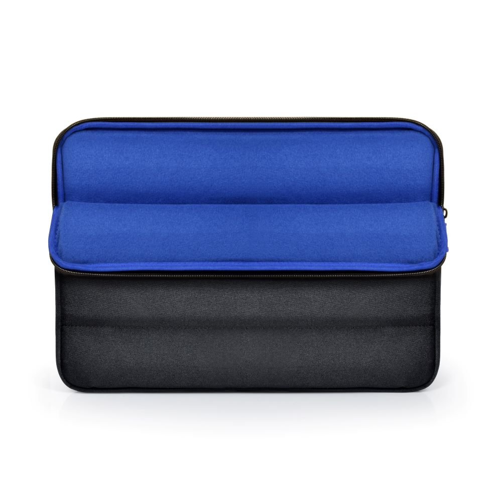 Une housse pour ordinateur portable noire et bleue. L'intérieur est bleu, l'extérieur est noir avec une fermeture éclair.