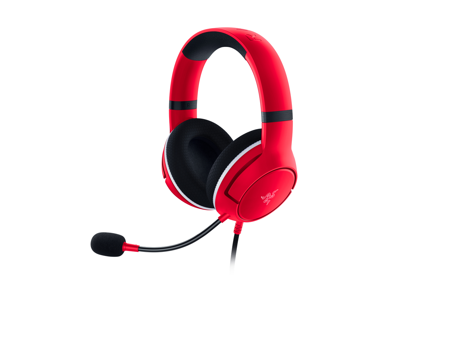 Rotes Gaming-Headset mit schwarzen Ohrmuscheln und Mikrofon. Der Hintergrund ist weiß.