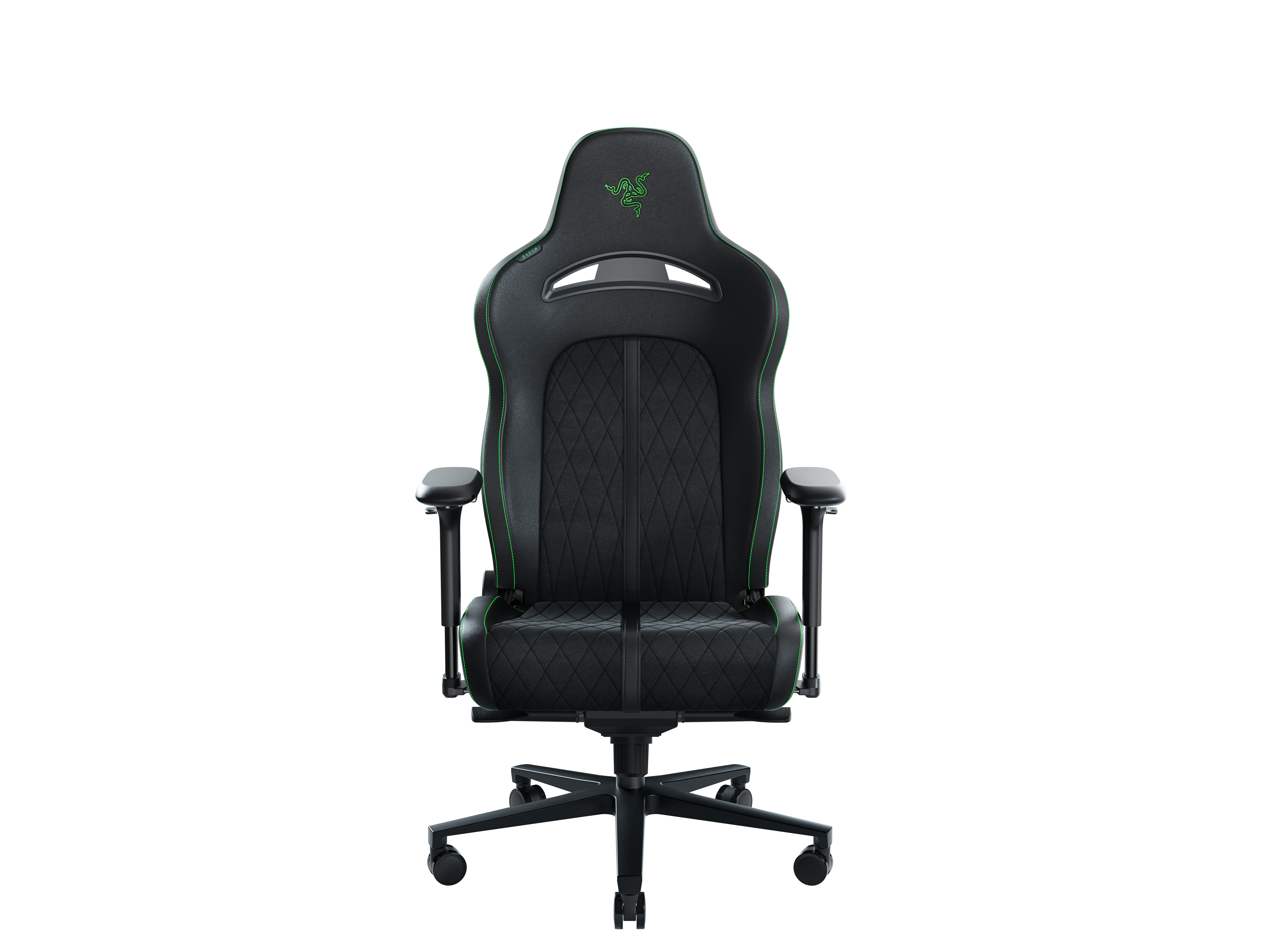Schwarzer Razer Gaming-Stuhl mit grünen Akzenten. Weißer Hintergrund.