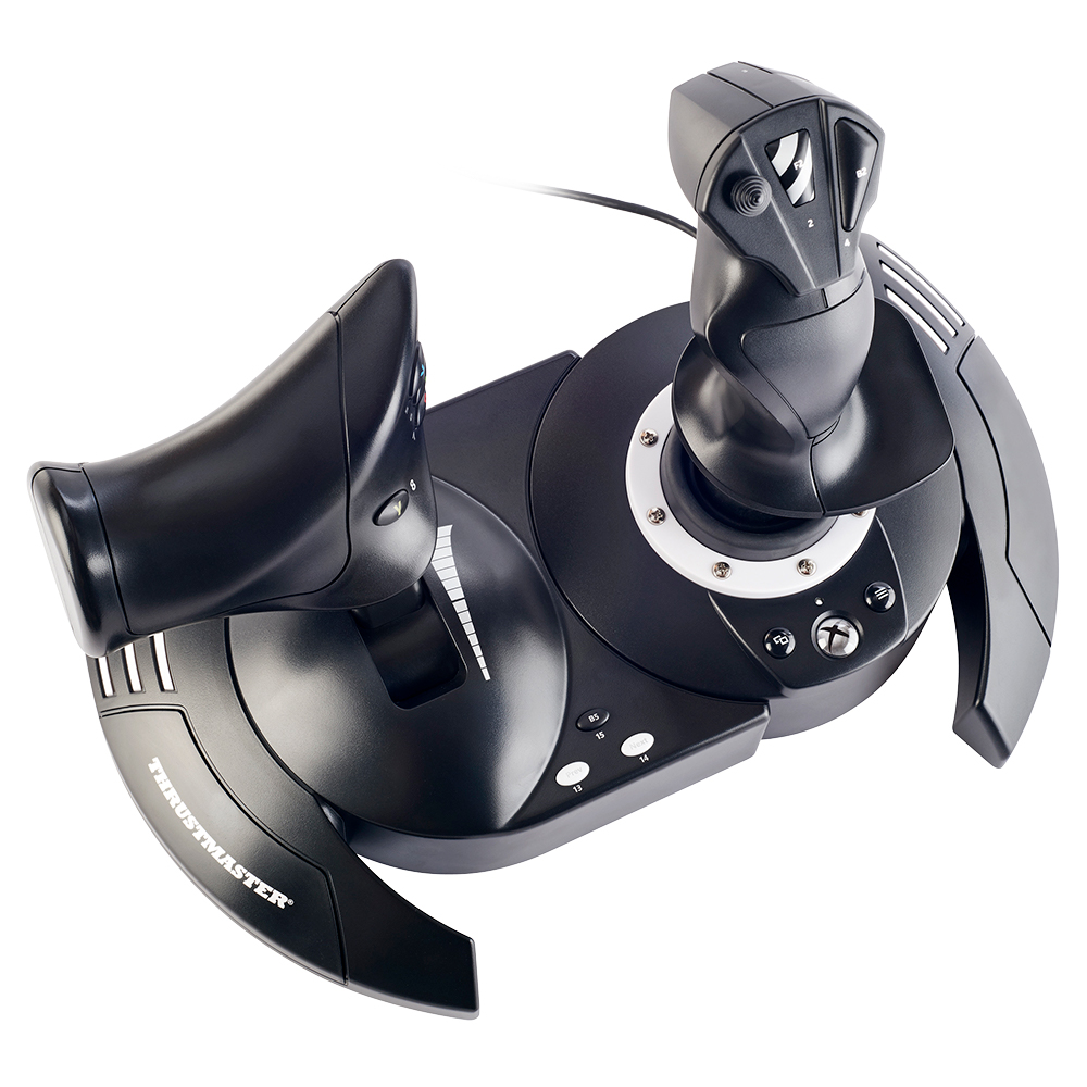 Joystick e acceleratore neri per giochi di simulazione di volo. Su una superficie bianca.