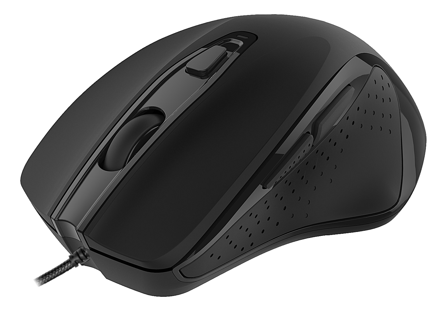 Czarna mysz gamingowa z przyciskami i kółkiem przewijania. Białe tło.