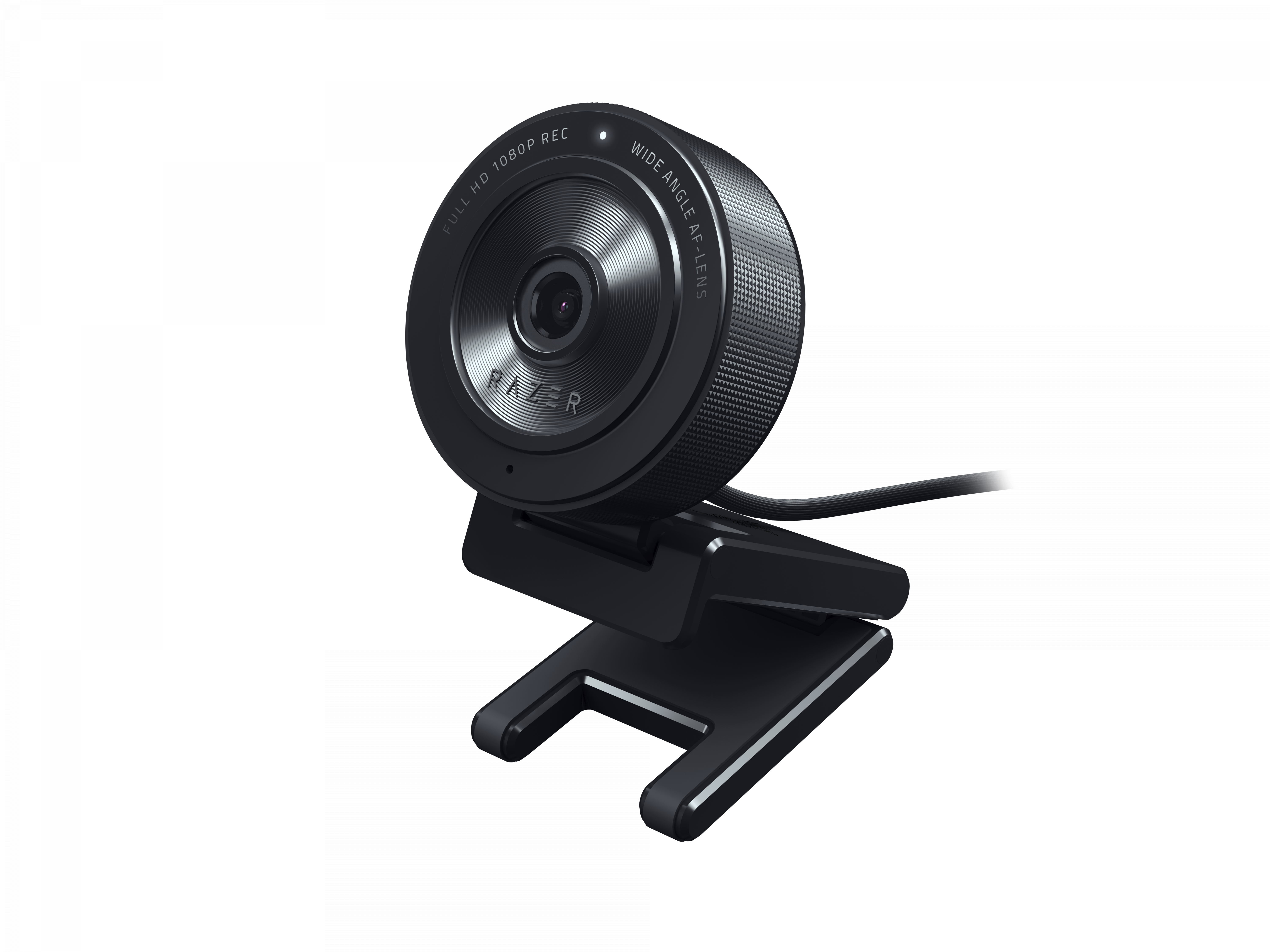 Schwarze Razer Webcam auf einem Ständer mit Weitwinkelobjektiv.