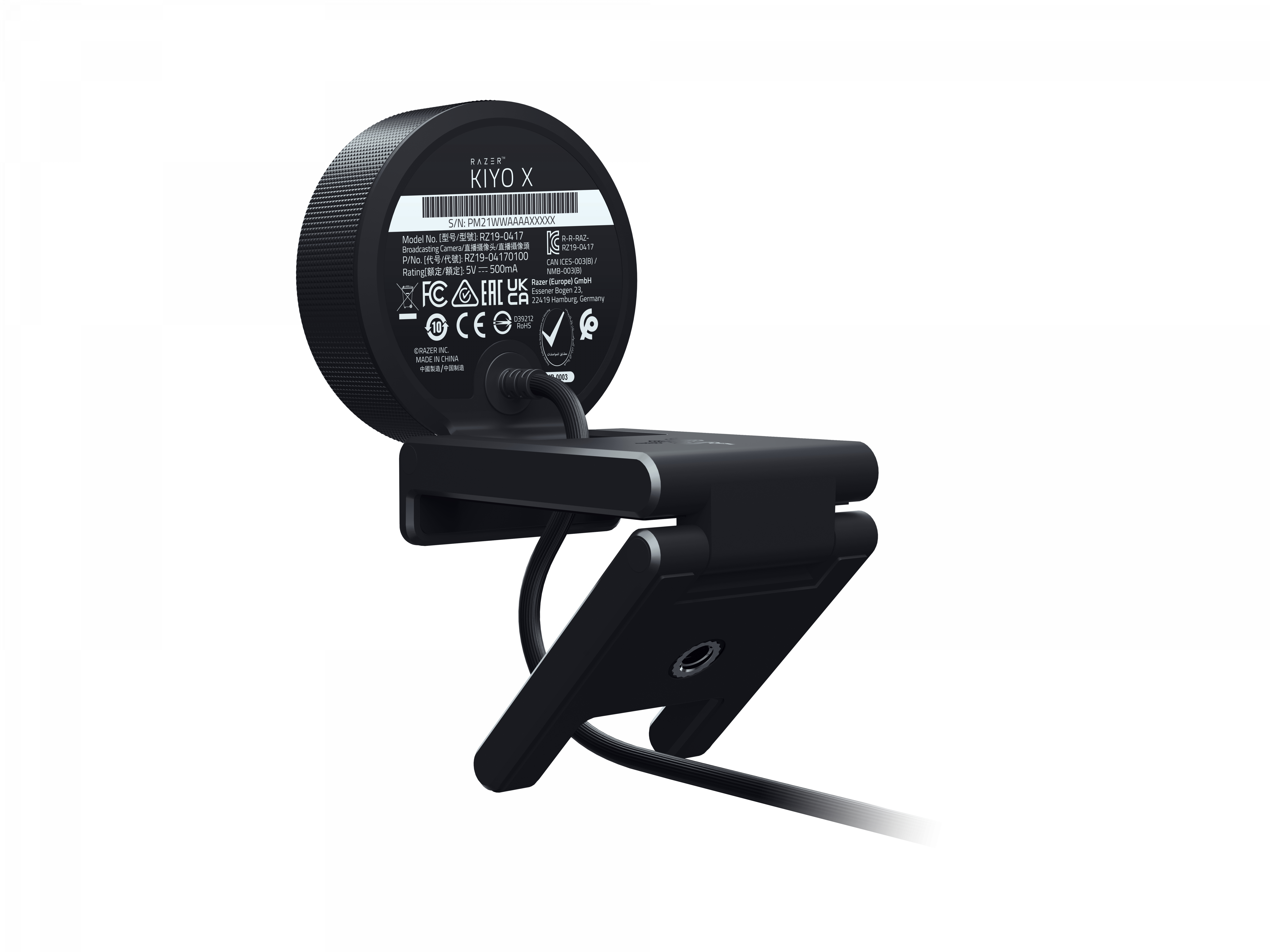 Schwarze Razer Kiyo X Webcam, Rückseite mit Etiketten, auf weißem Hintergrund.