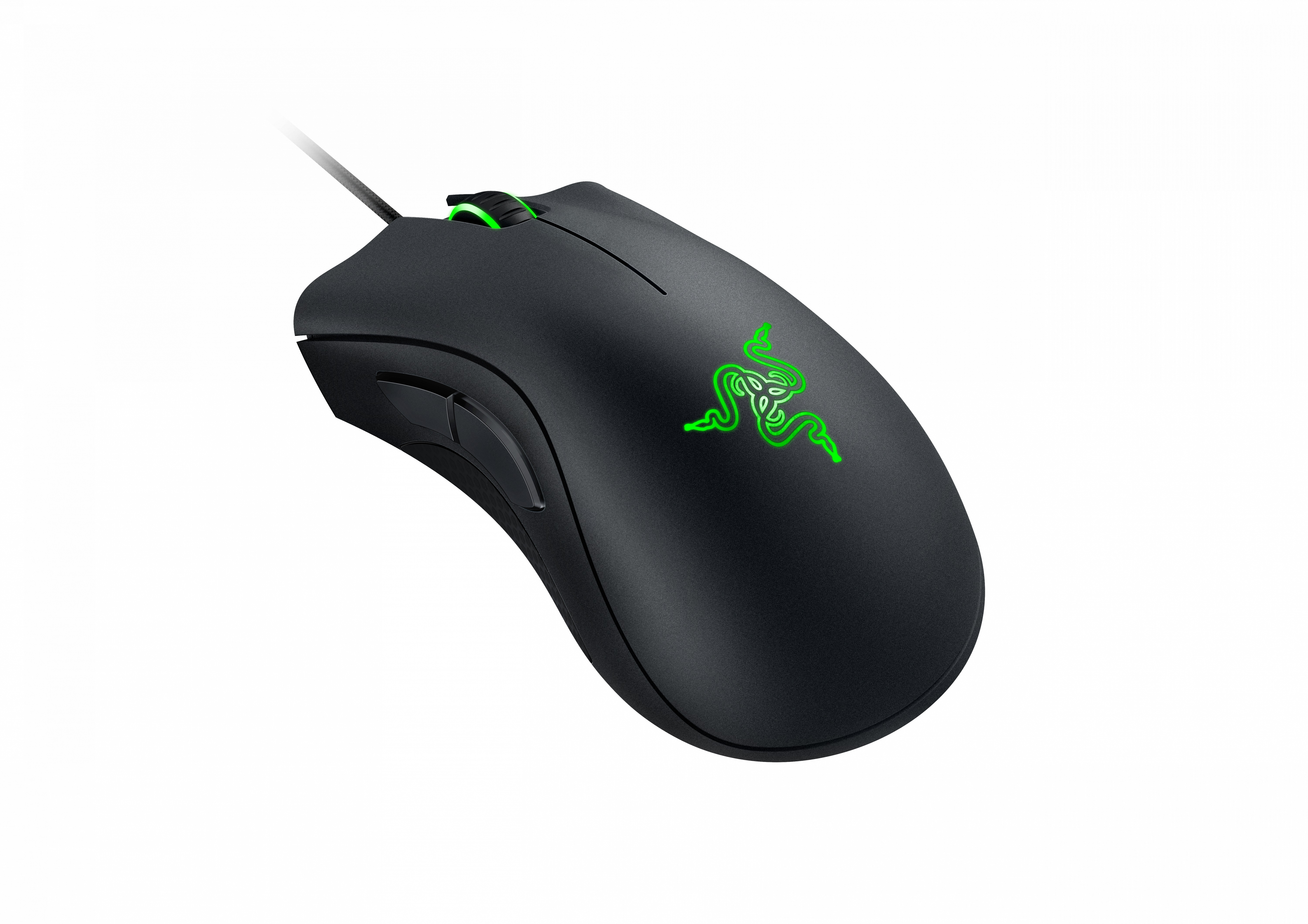 Czarna mysz do gier z zielonymi akcentami i logo Razer. Na białej powierzchni.