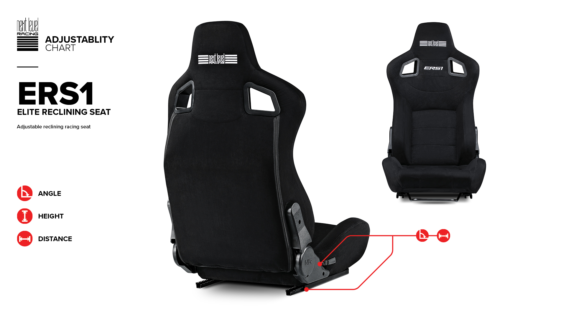 Asiento de carreras negro con gráfico de ajuste. Muestra ajustes de ángulo, altura y distancia.
