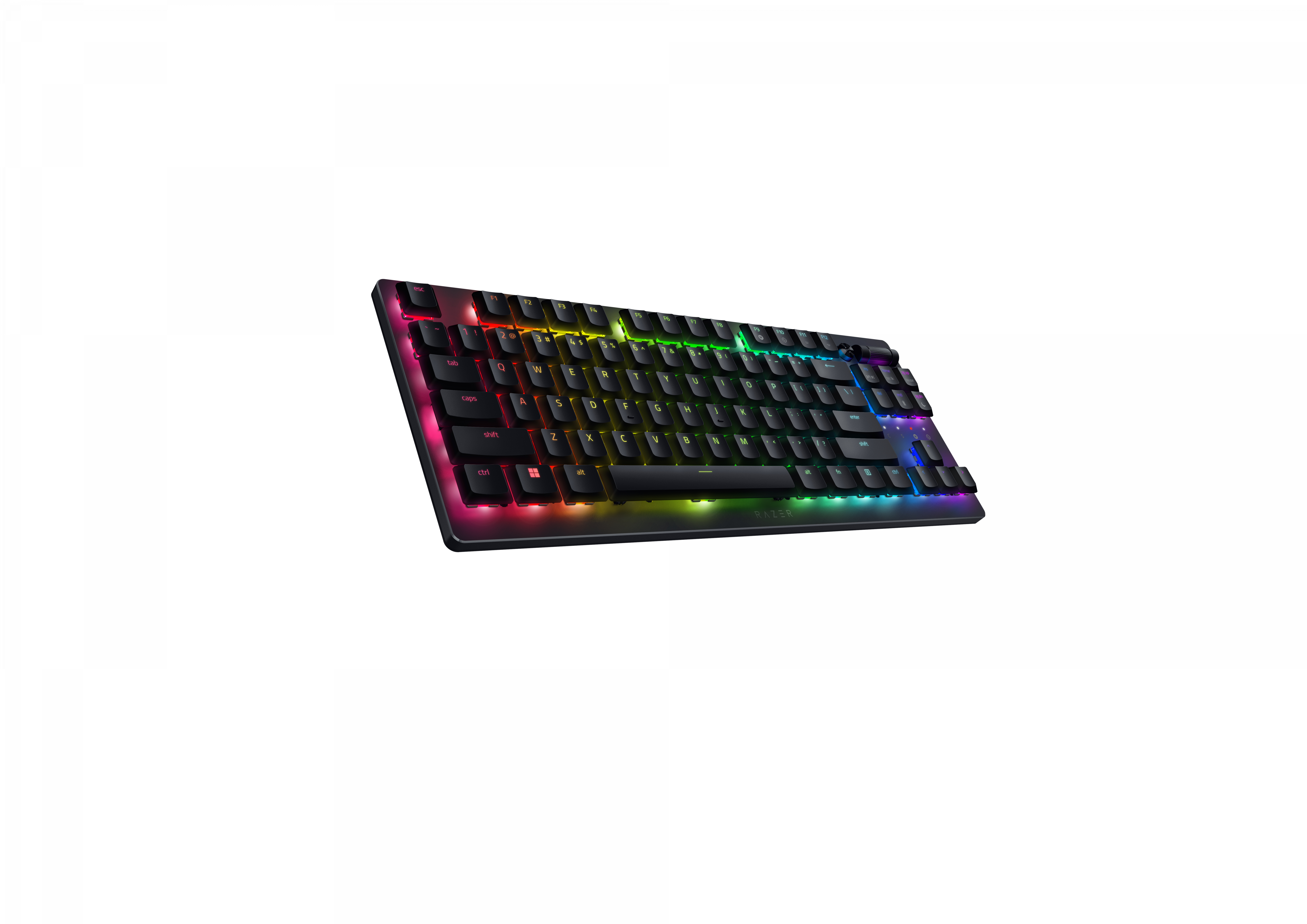 Tastiera Razer nera con illuminazione RGB. Sfondo bianco.