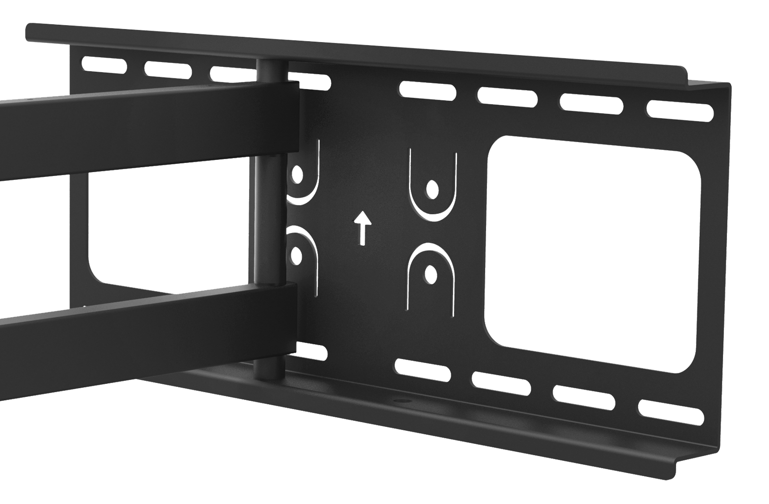 Schwarze TV-Wandhalterung aus Metall, mit Löchern und einem Pfeil nach oben.