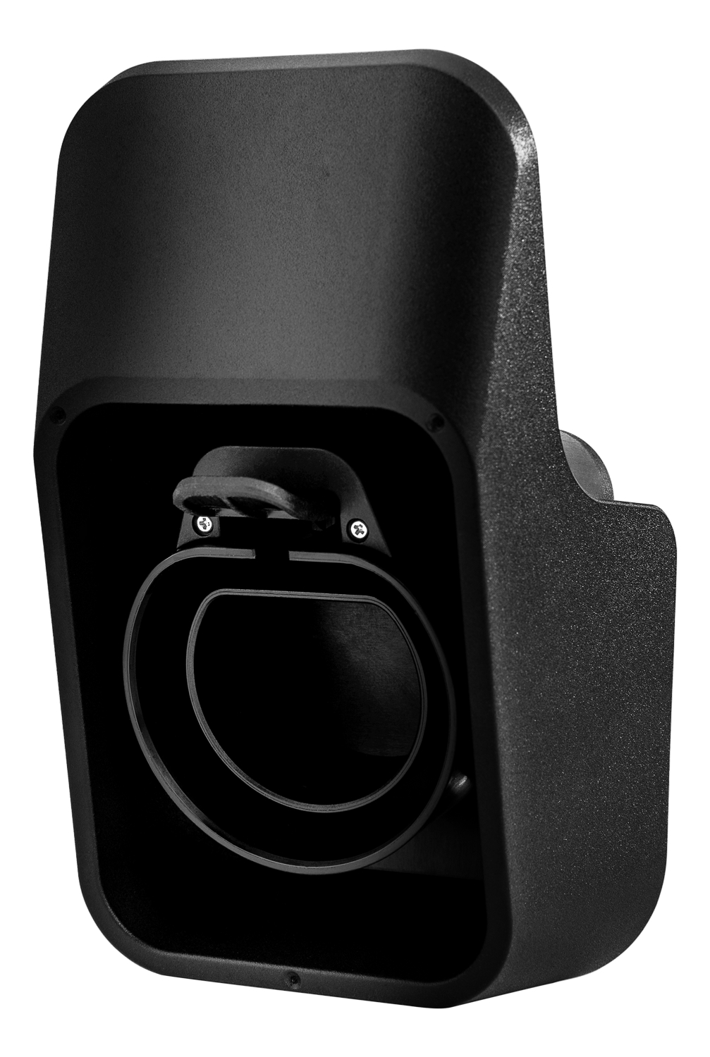 A black charging port housing with a circular opening, for electric vehicles.