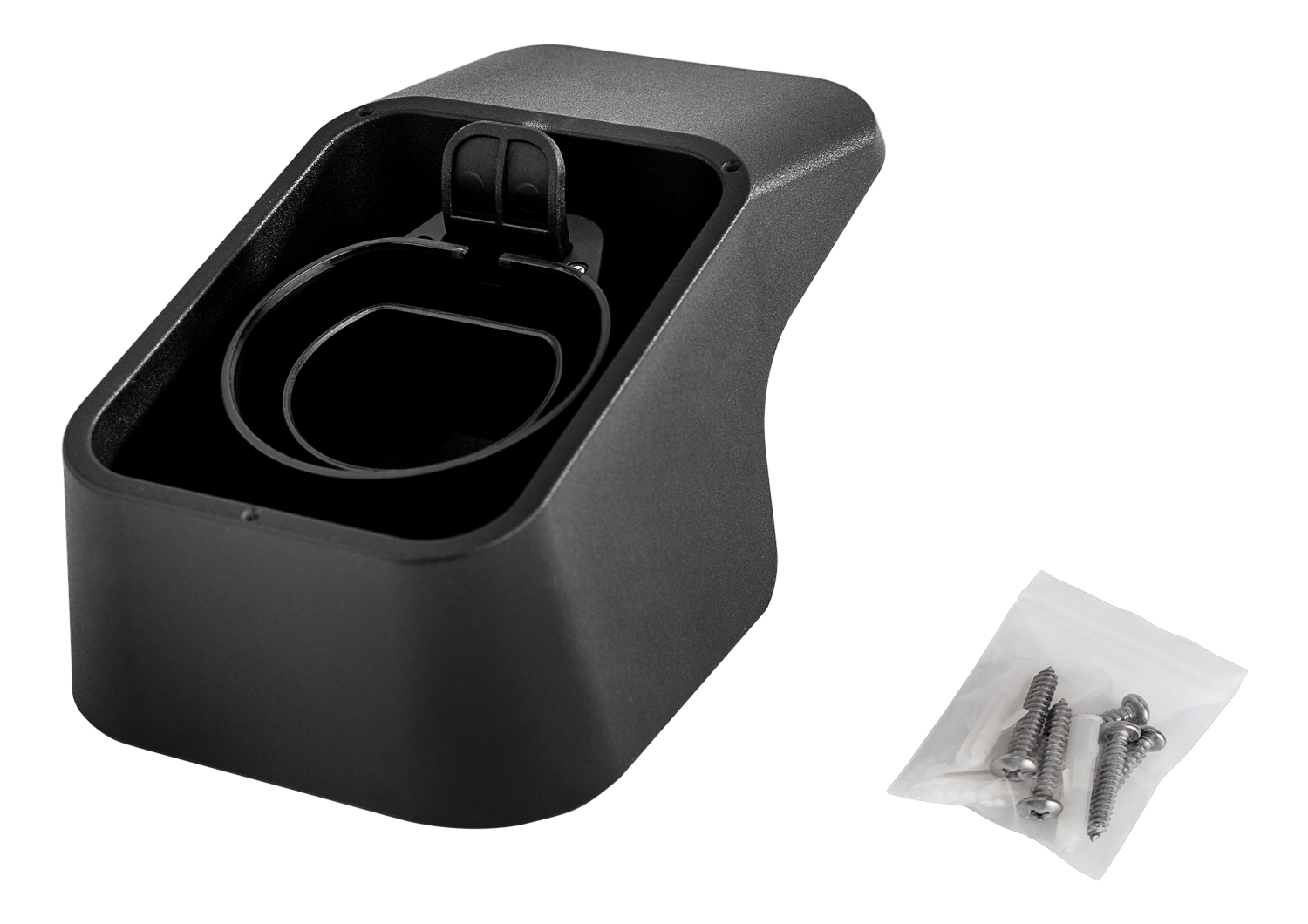 Black charging port housing with screws and a circular opening, for electric vehicles.