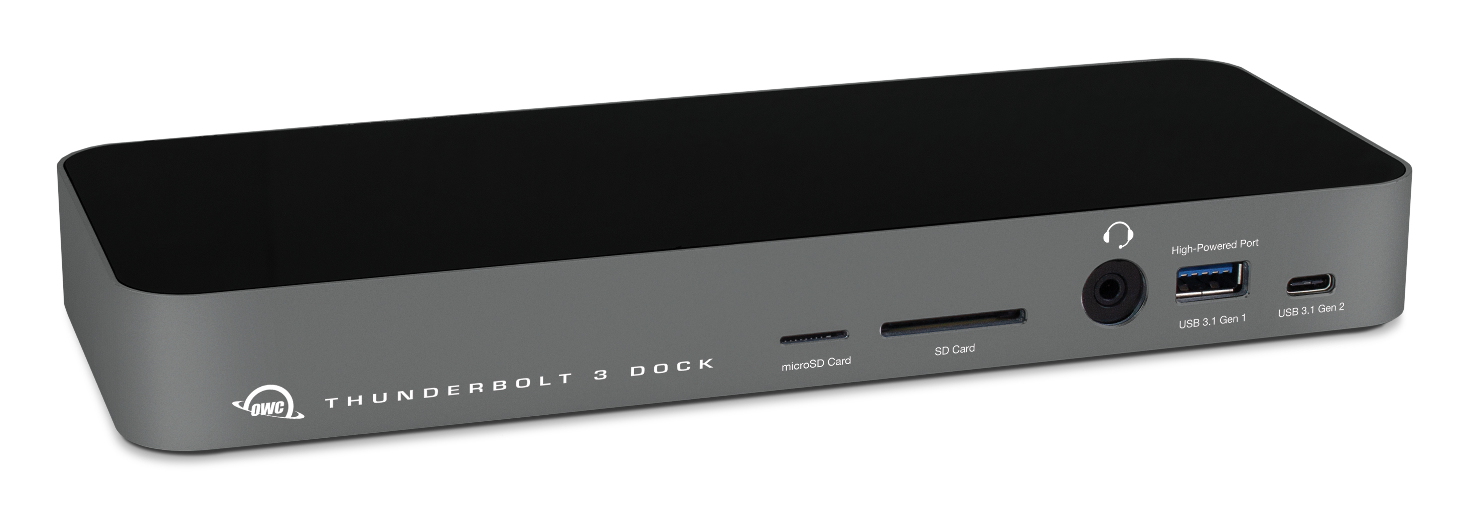 Ein grauer Thunderbolt 3 Dock mit mehreren Anschlüssen, darunter USB, SD-Karte und Audio.