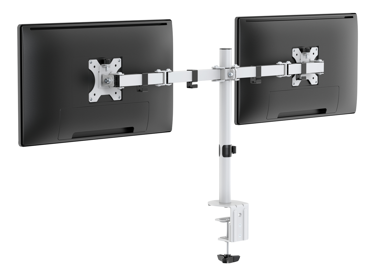 Eine weiße Halterung für zwei Monitore mit zwei schwarzen Monitoren, vor weißem Hintergrund.