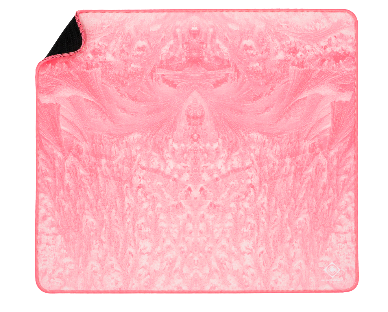 Pink and white patterned mousepad, black corner, white background. Small logo at bottom right.
