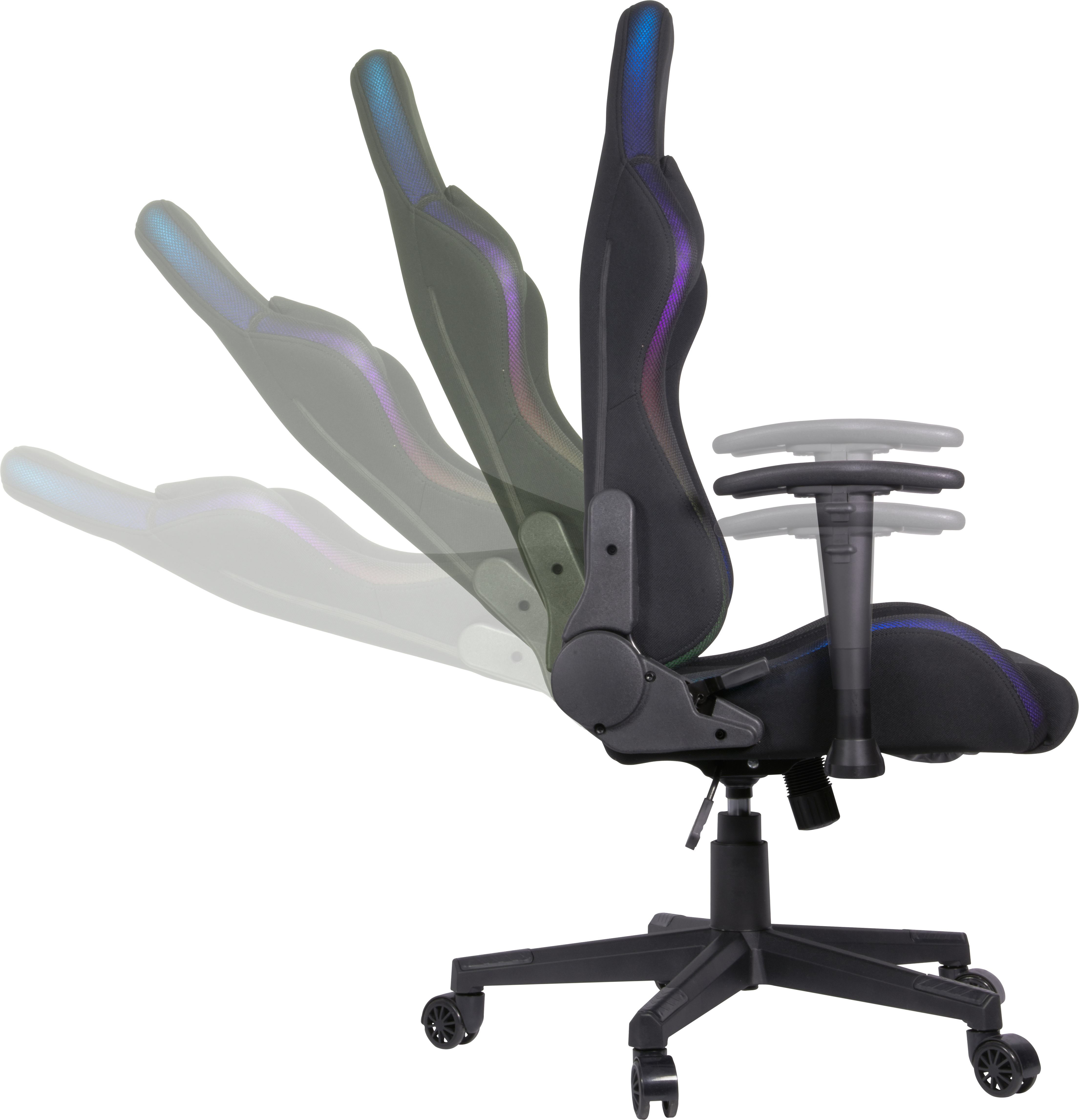 Silla gaming en tres posiciones, con base negra y luces coloridas.