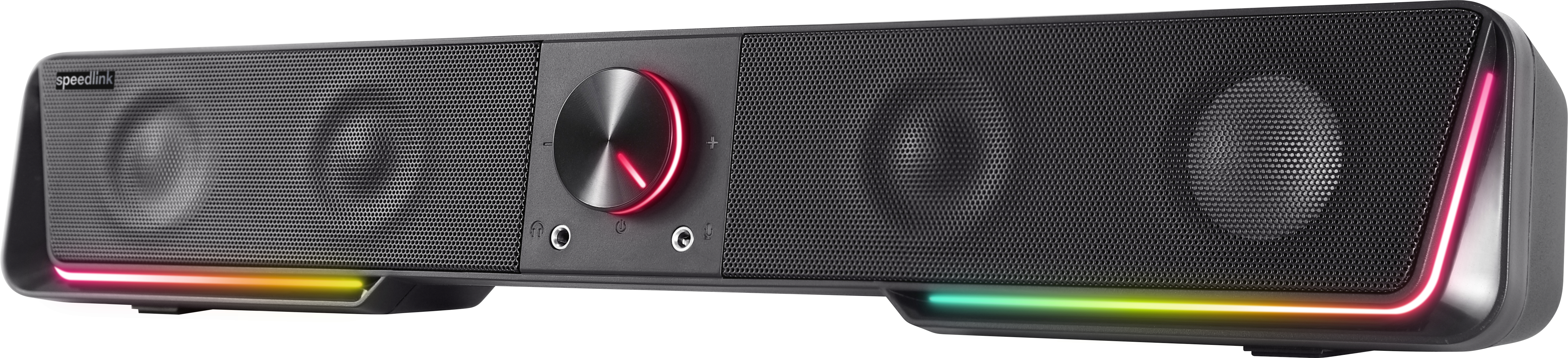 Black soundbar with speaker grills, a volume dial, and multi-colored LED lighting.