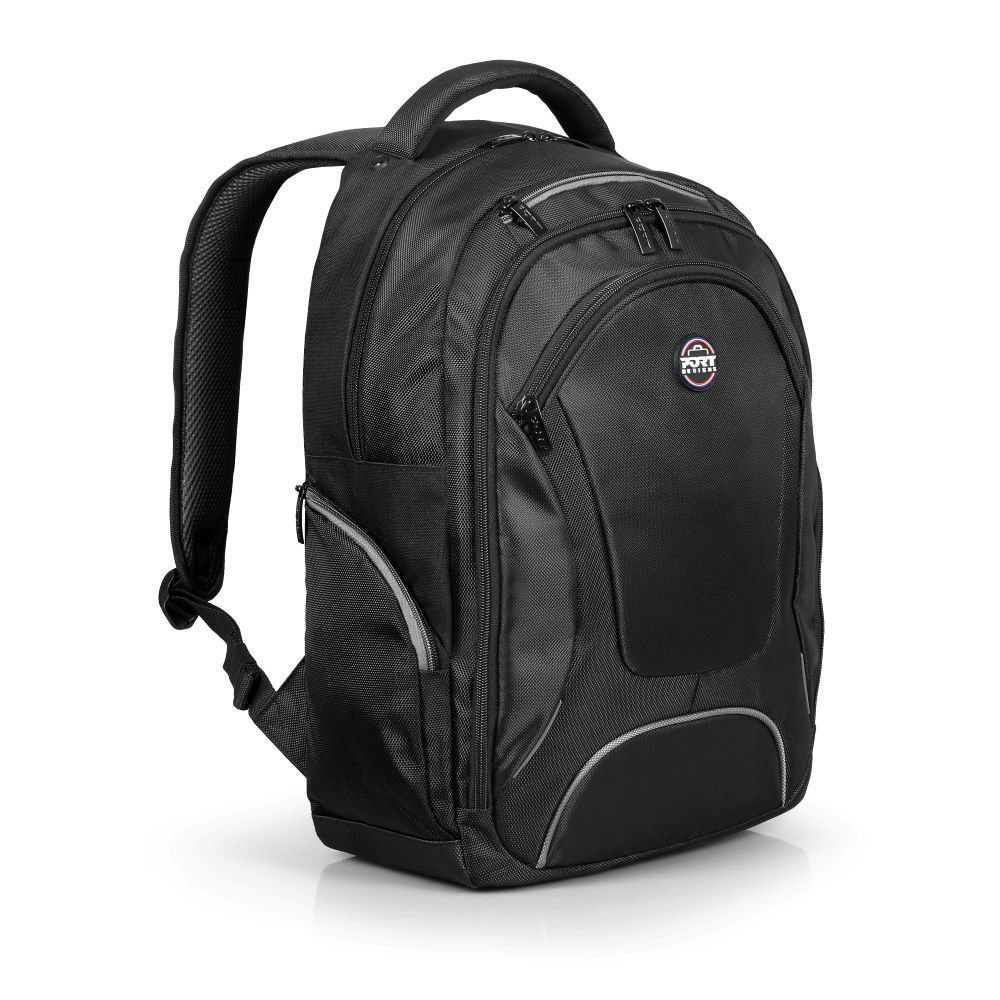 Black backpack with multiple pockets and a handle. It's on a white background.