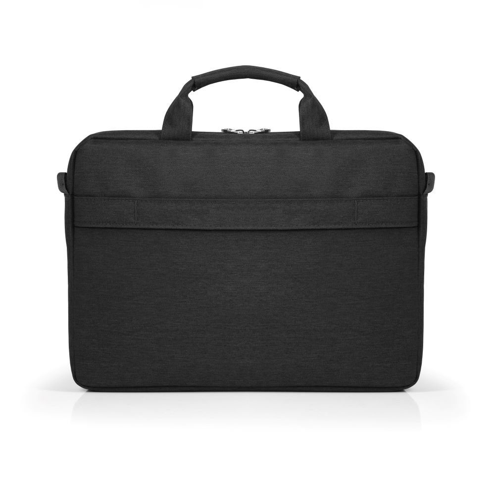 Una borsa per laptop Deltaco nera con manico, tracolla e cerniera.