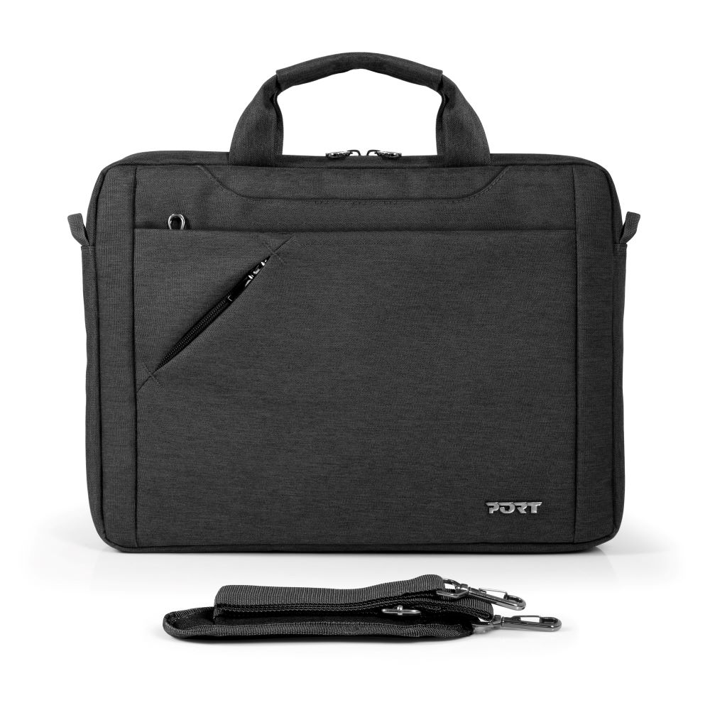 Borsa per laptop nera con manico, tasca frontale e tracolla. Il marchio PORT è mostrato.
