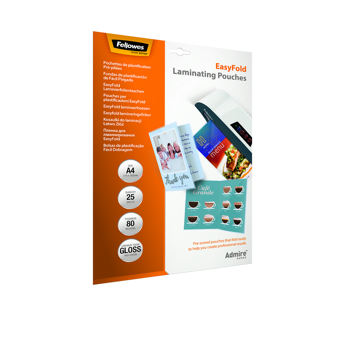 Laminierfolienbox. Weiße und orangefarbene Box mit Text und Fotos. A4-Größe.