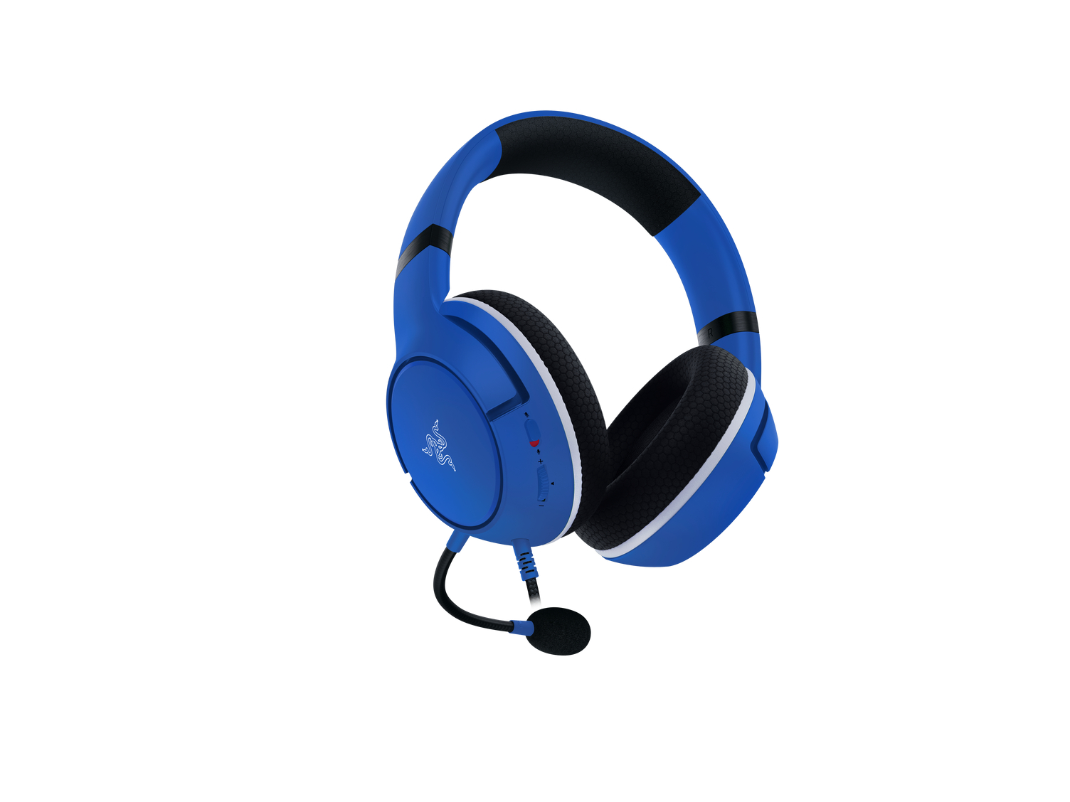 Blaues Gaming-Headset mit Mikrofon auf weißem Hintergrund.