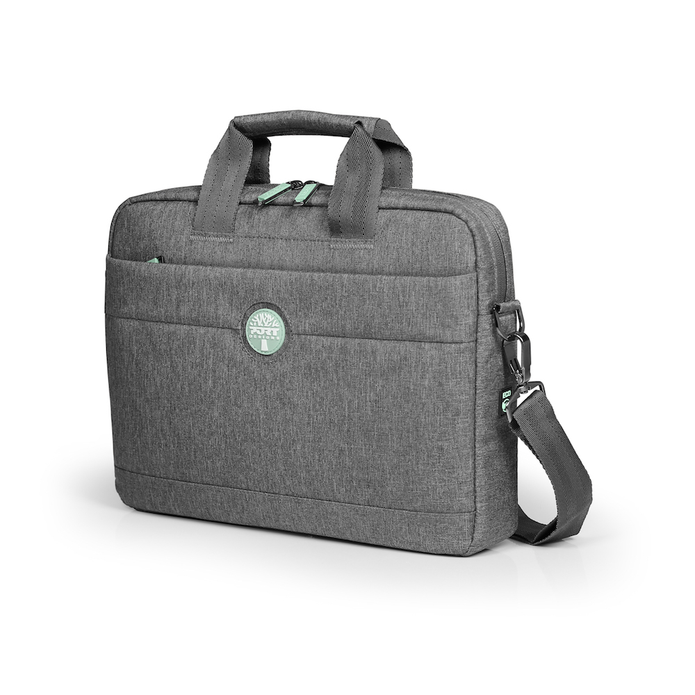 Graue Laptoptasche mit oberem Griff, Schultergurt und Vordertasche auf weißem Hintergrund.
