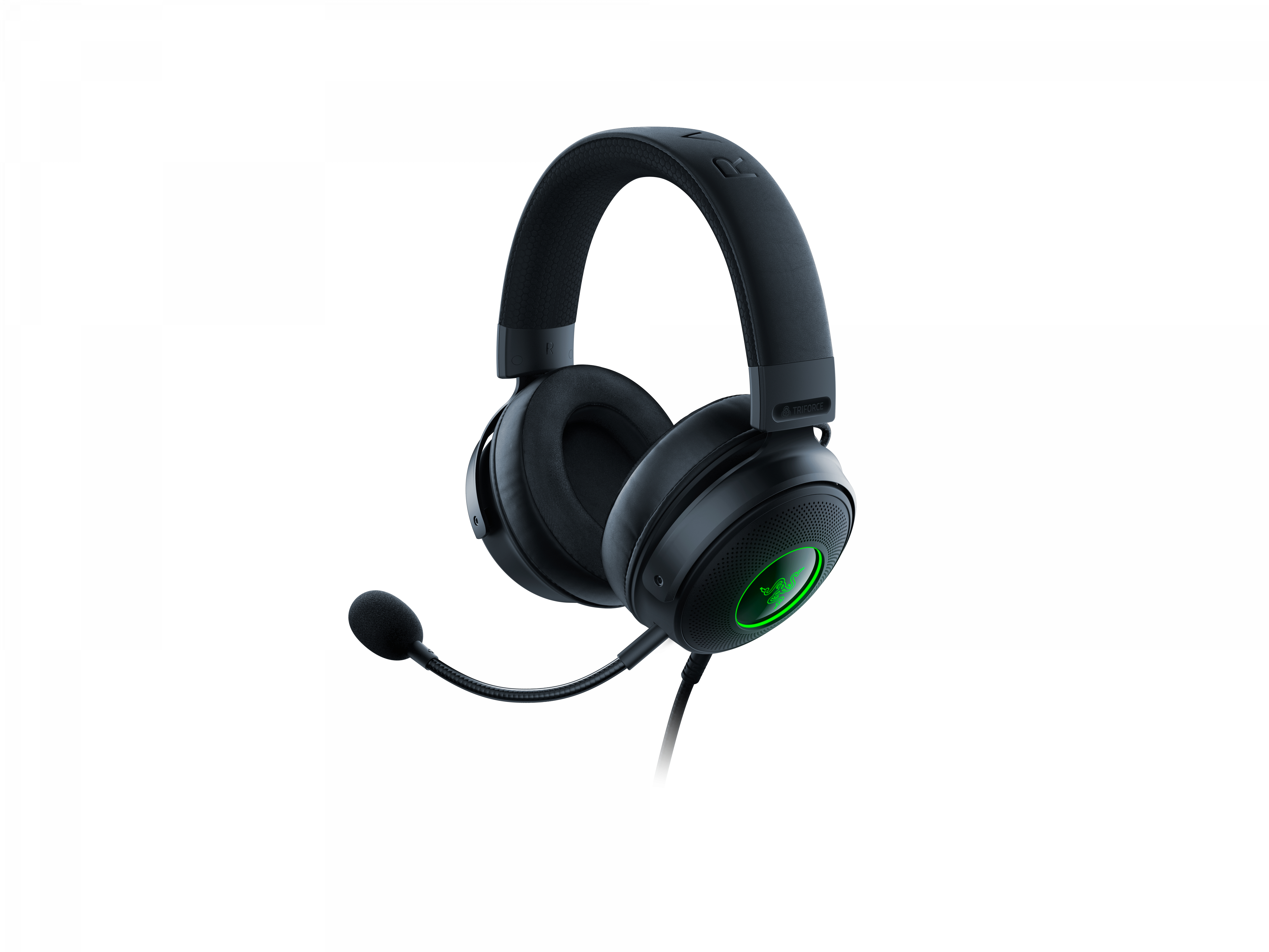 Schwarzes Gaming-Headset mit Mikrofon auf weißem Hintergrund.
