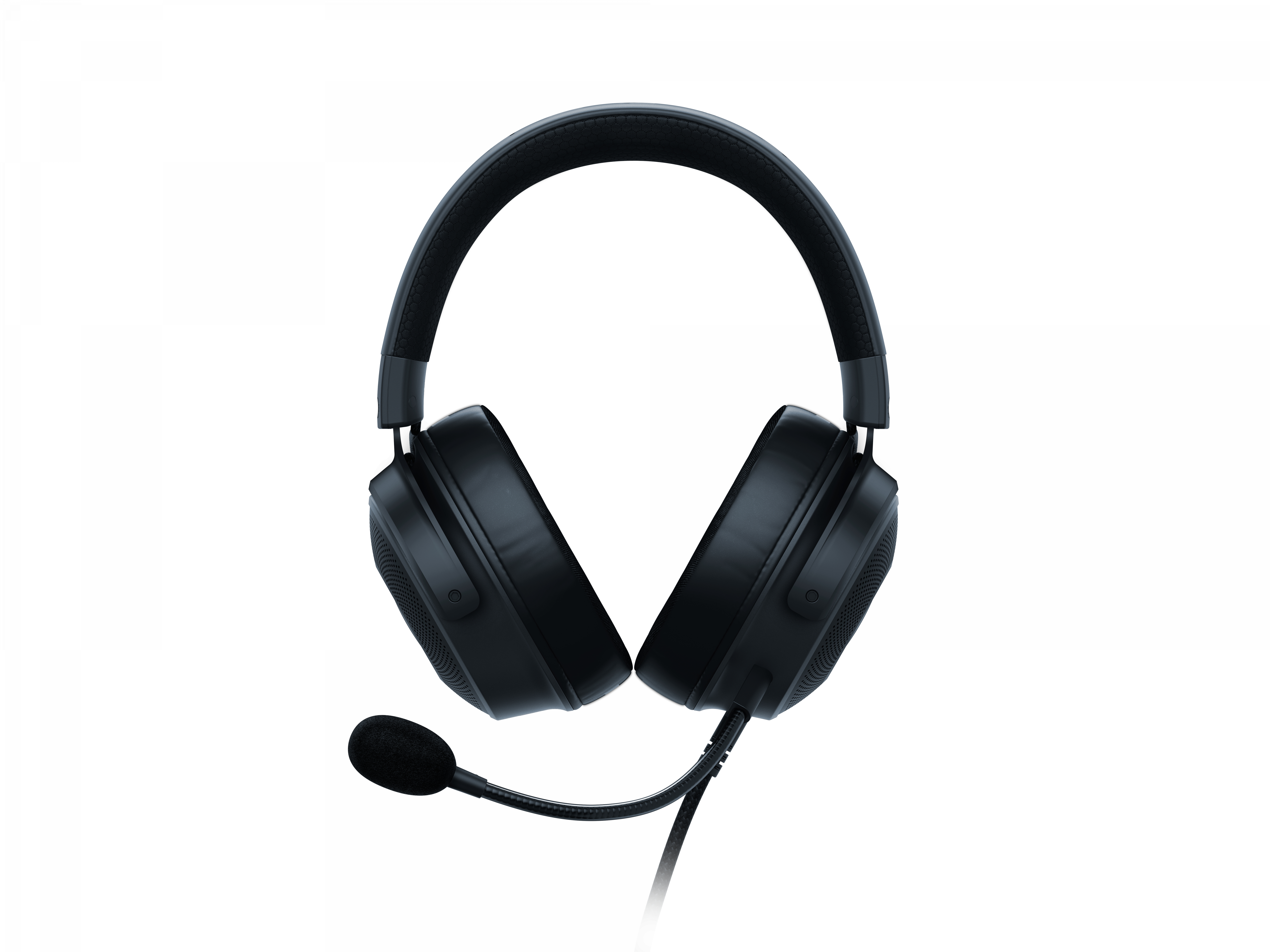 Schwarzes Headset mit Mikrofon. Der Hintergrund ist weiß.