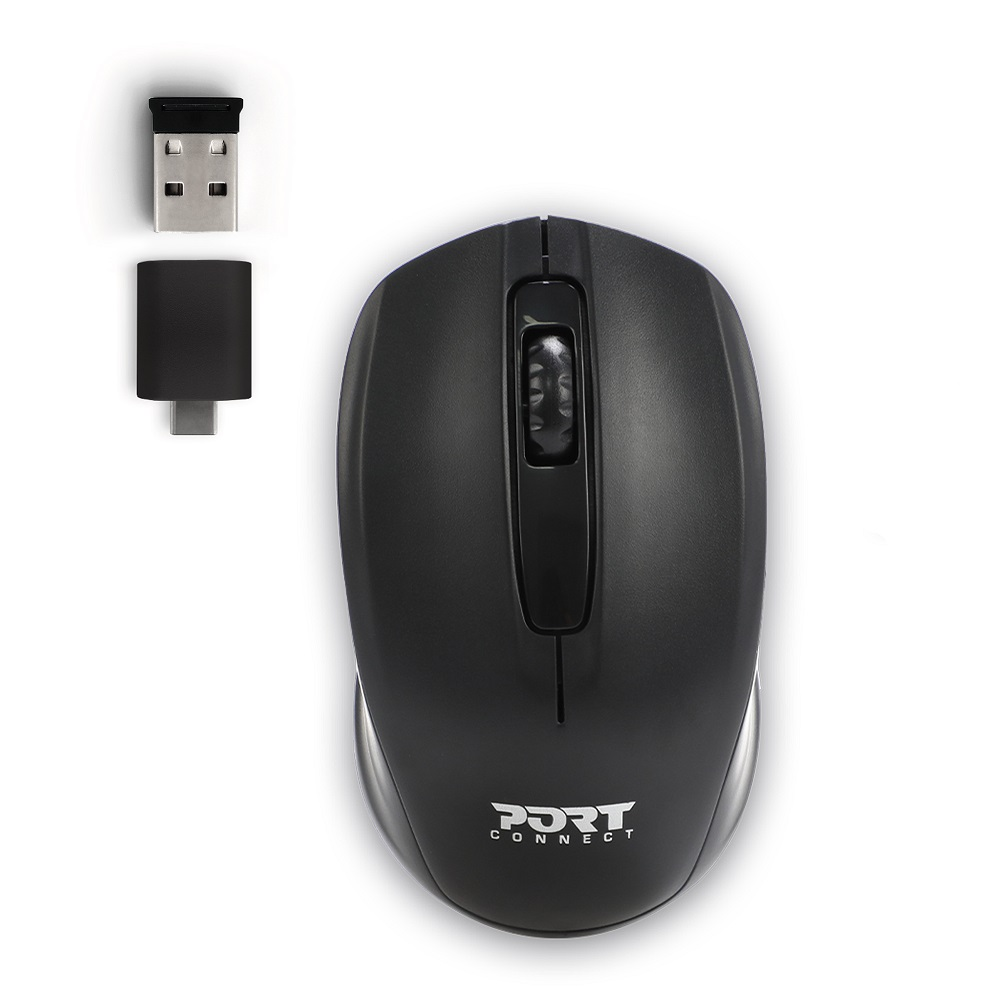 Mouse wireless nero con ricevitore USB e dongle nero.