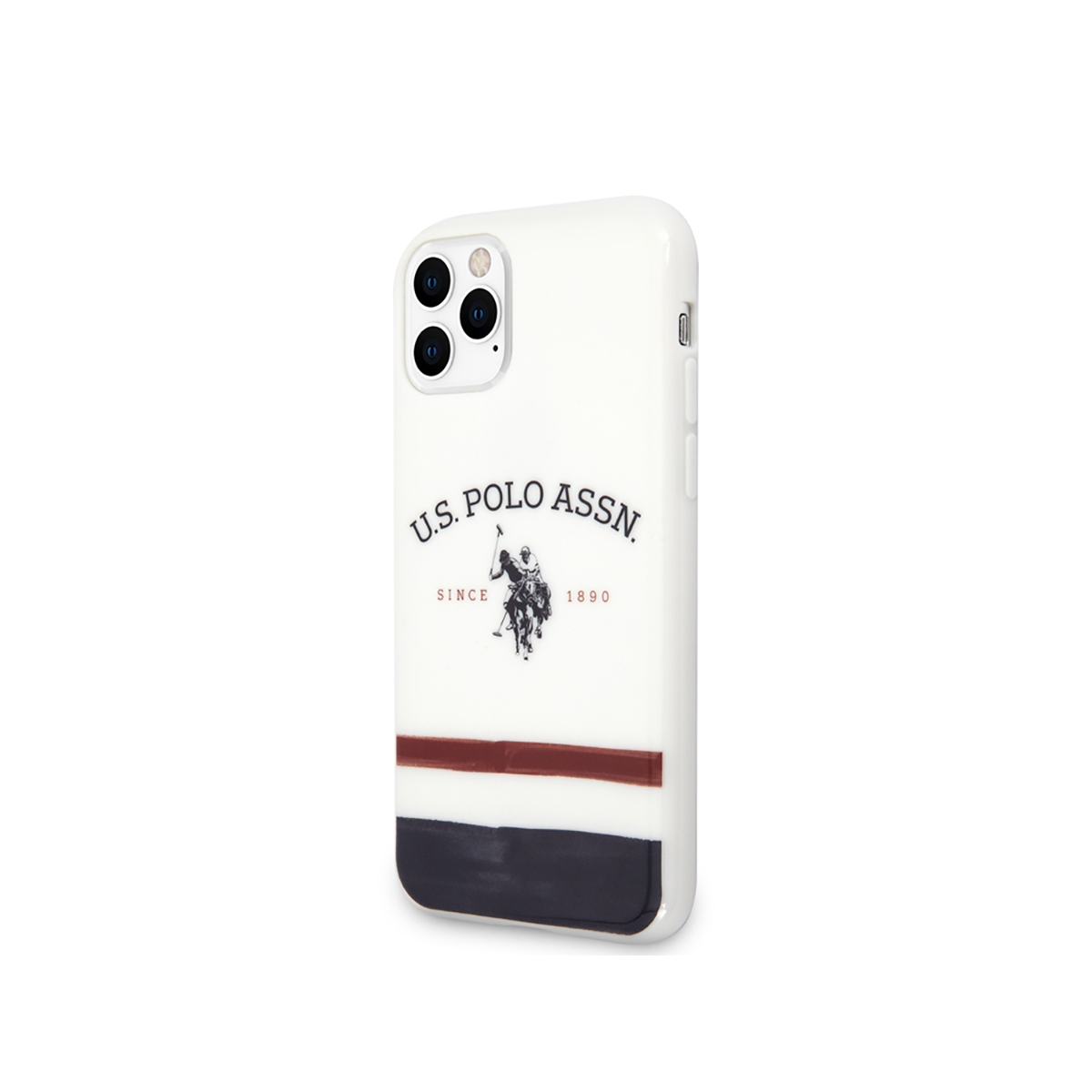 Custodia iPhone bianca con logo US Polo Assn. Strisce rosse e nere. Sfondo bianco.