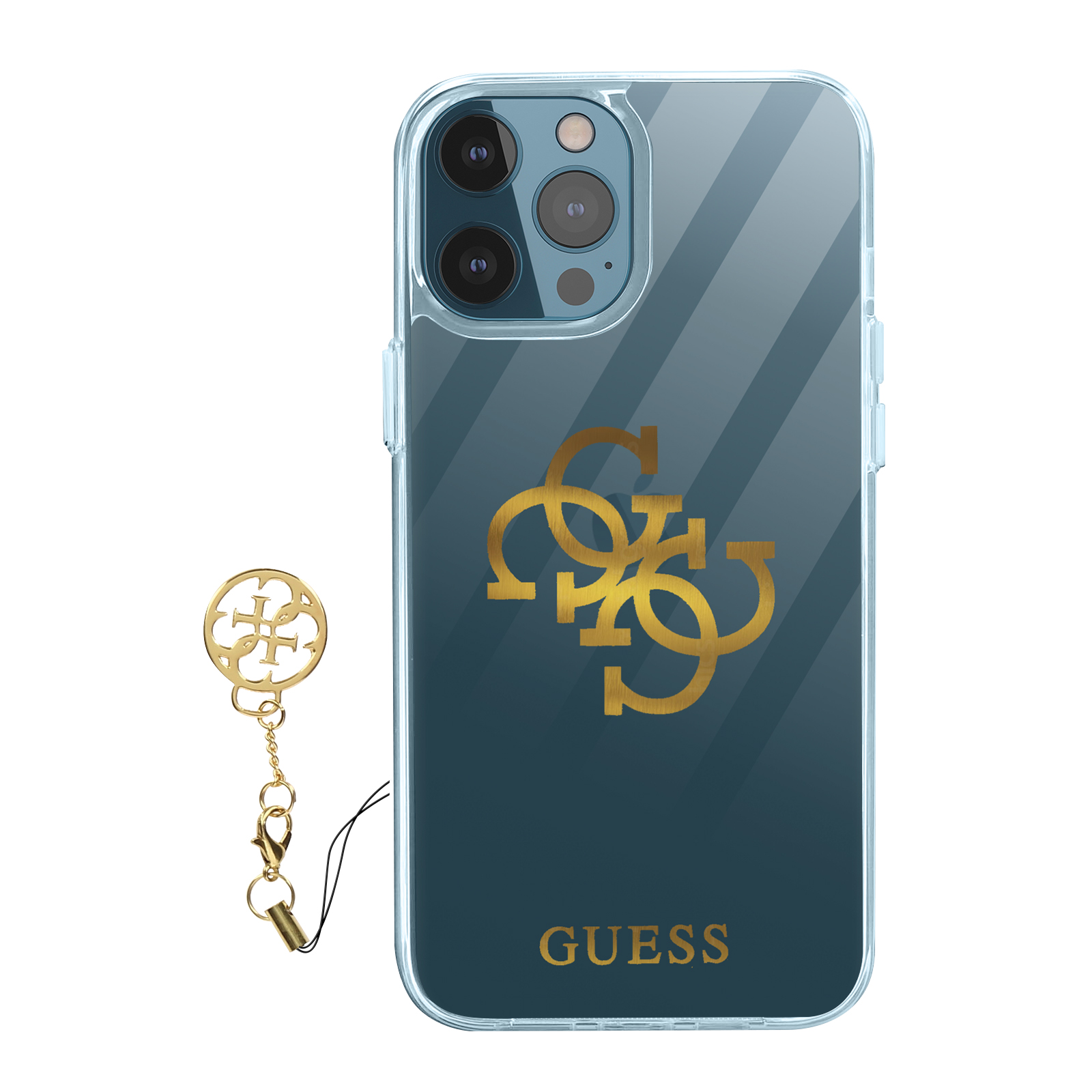 Funda transparente para teléfono con el logo dorado de Guess y un dije a juego. Fondo blanco.