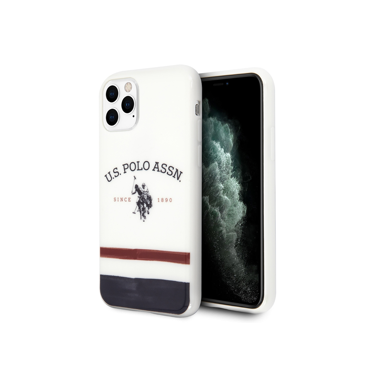 Custodia bianca per telefono con logo U.S. Polo Assn. e design a righe. Telefono dentro.