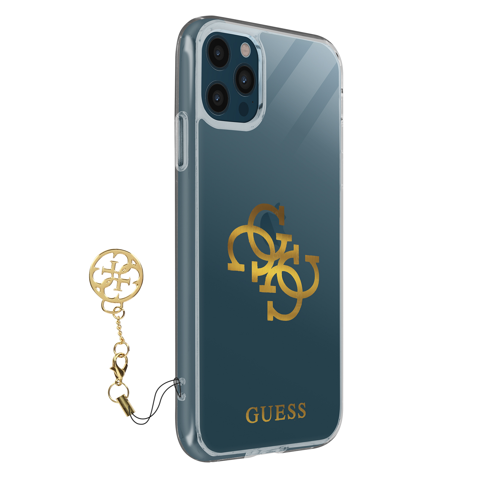 Funda transparente con logo Guess dorado y charm. Fondo azul.
