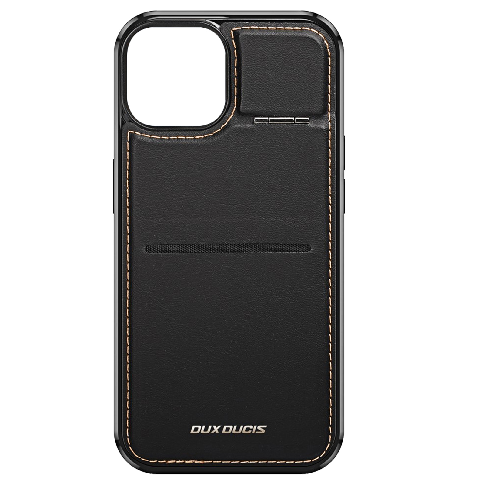 Custodia nera per telefono con fessura per carte e dettagli di cucitura. Marchio DUX DUCIS visibile.