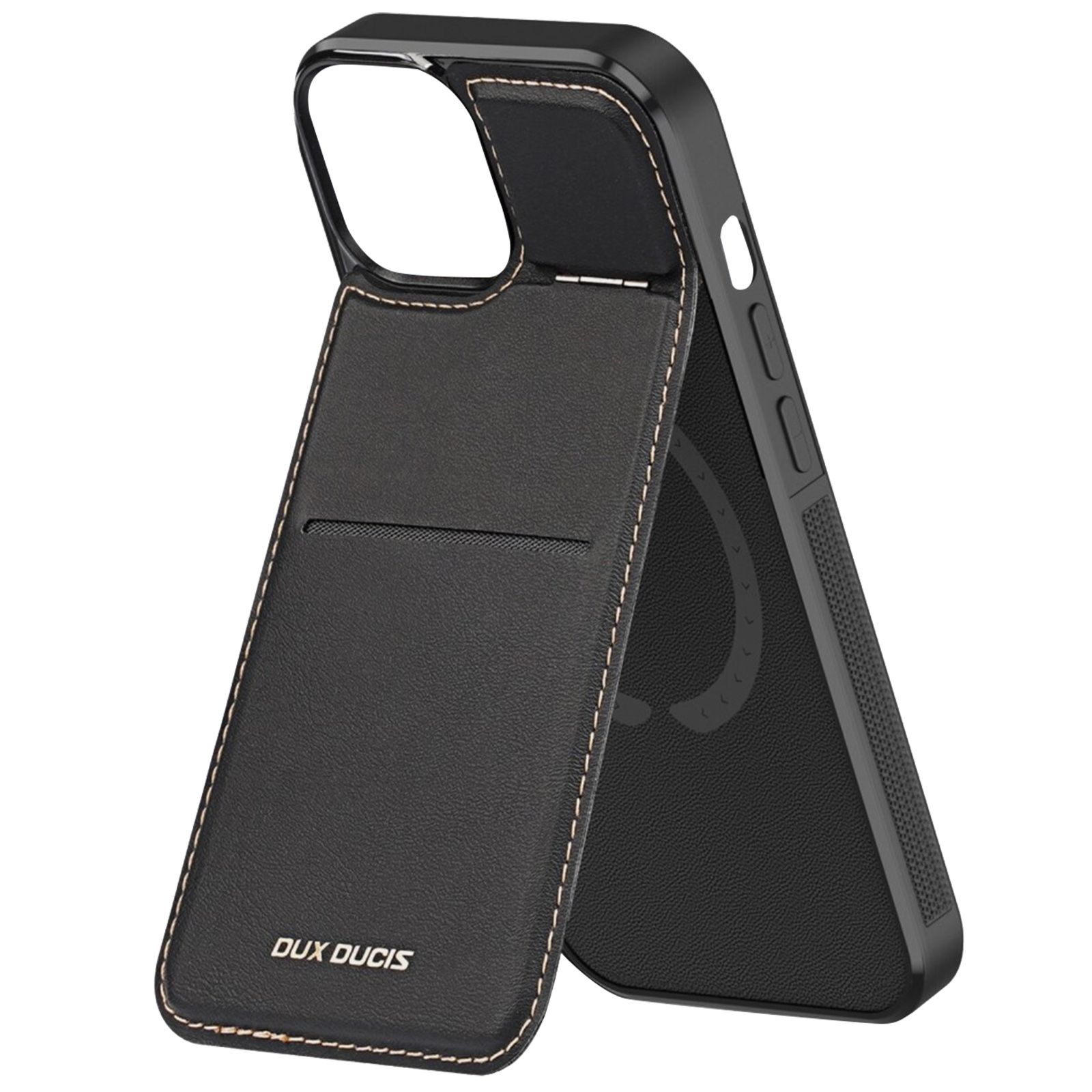 Custodia nera per telefono, aperta, con design a portafoglio. È un accessorio per telefono.