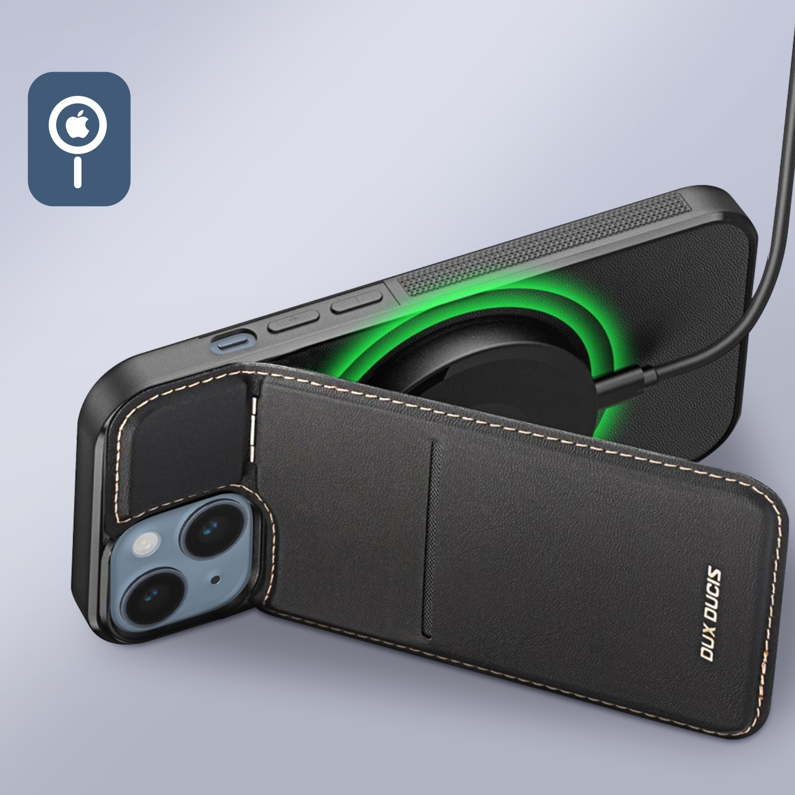Custodia per telefono con cavo collegato, che carica un telefono. La parte posteriore del telefono è visibile.