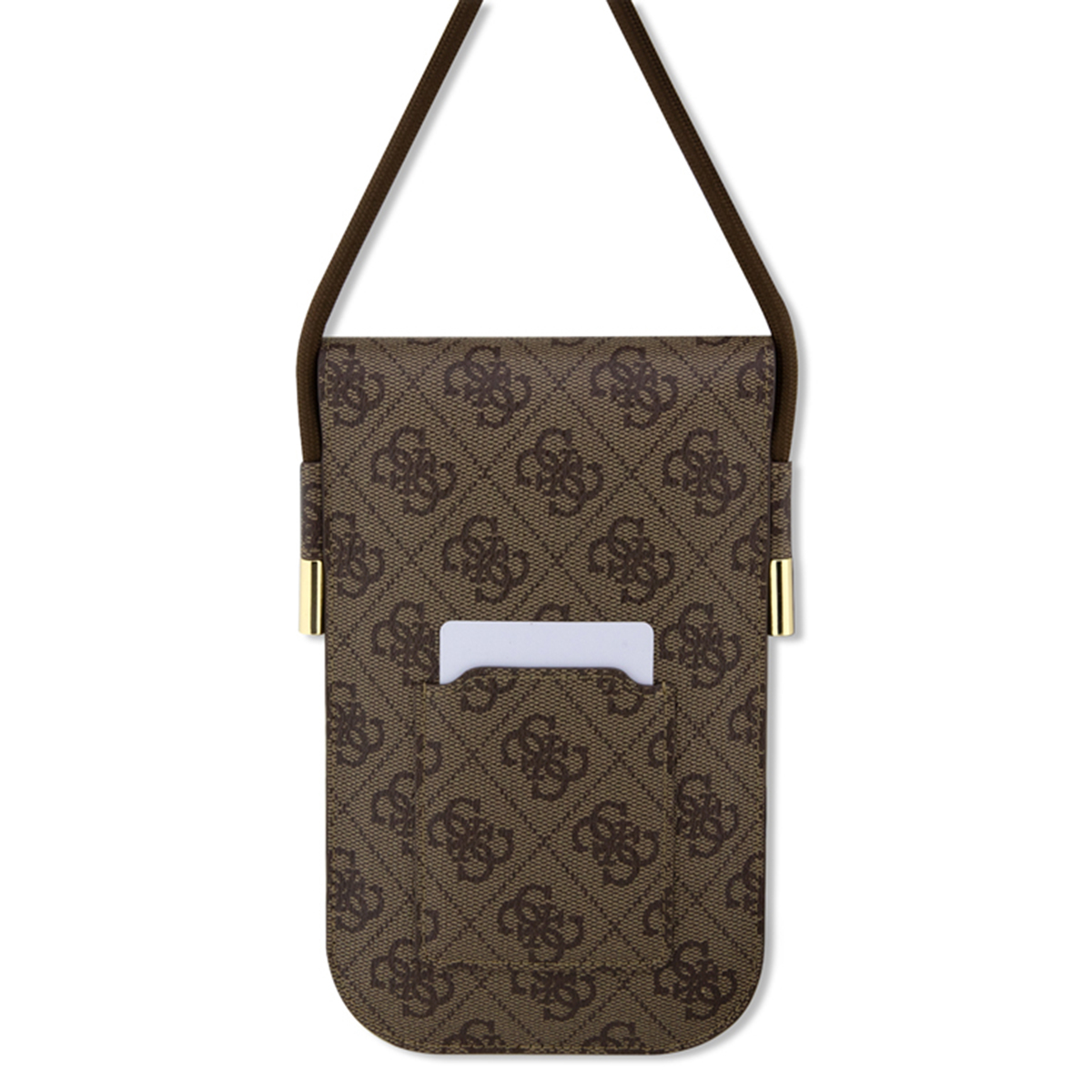 Custodia per telefono Guess marrone con cinturino marrone, parte anteriore con fessura e logo.