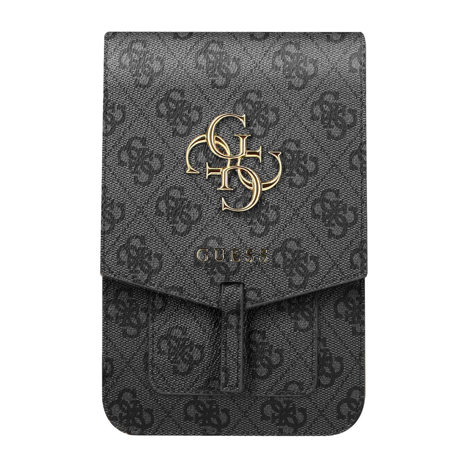 Primo piano di una custodia per telefono Guess con logo GUESS dorato su sfondo nero a fantasia.