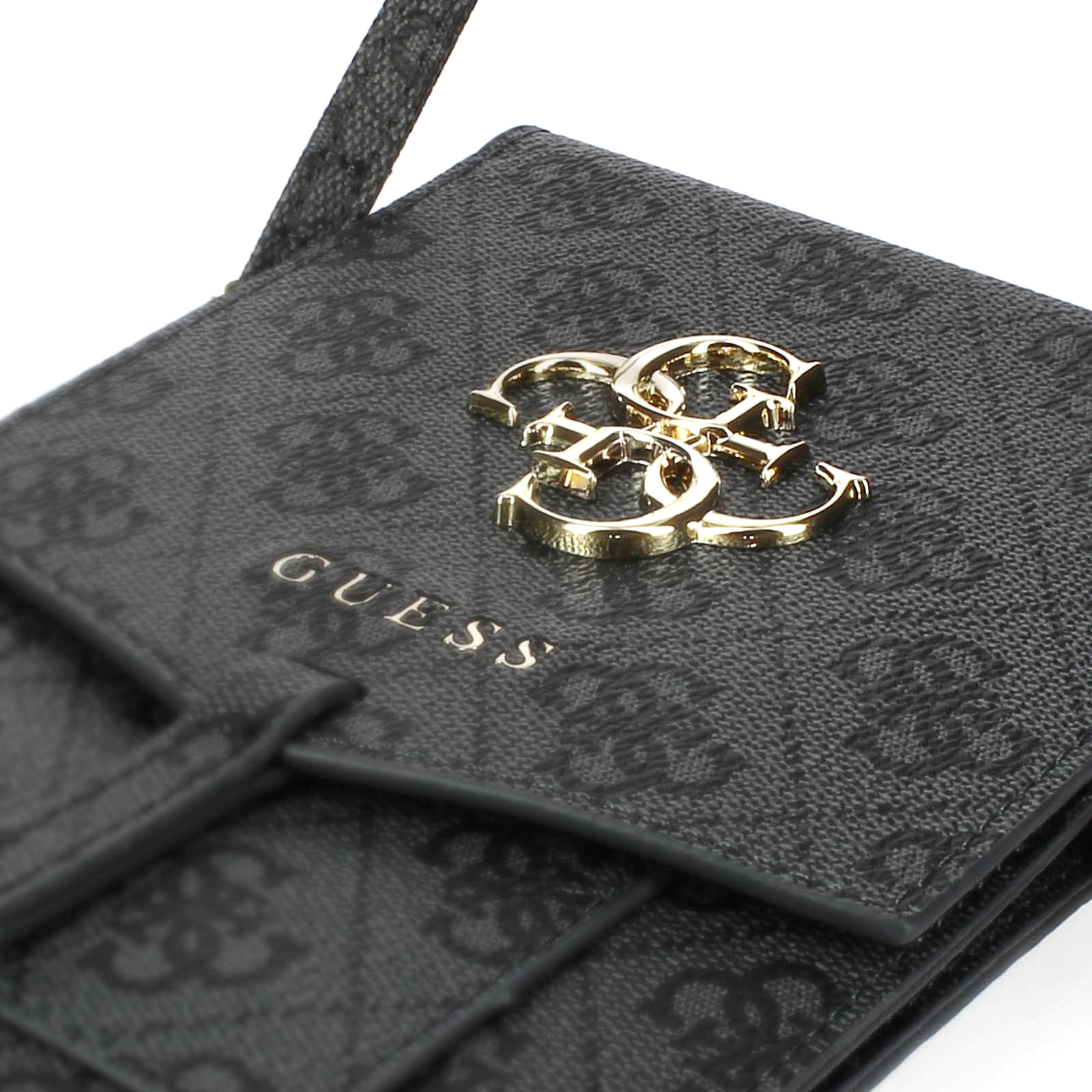 Custodia Guess nera con logo dorato.