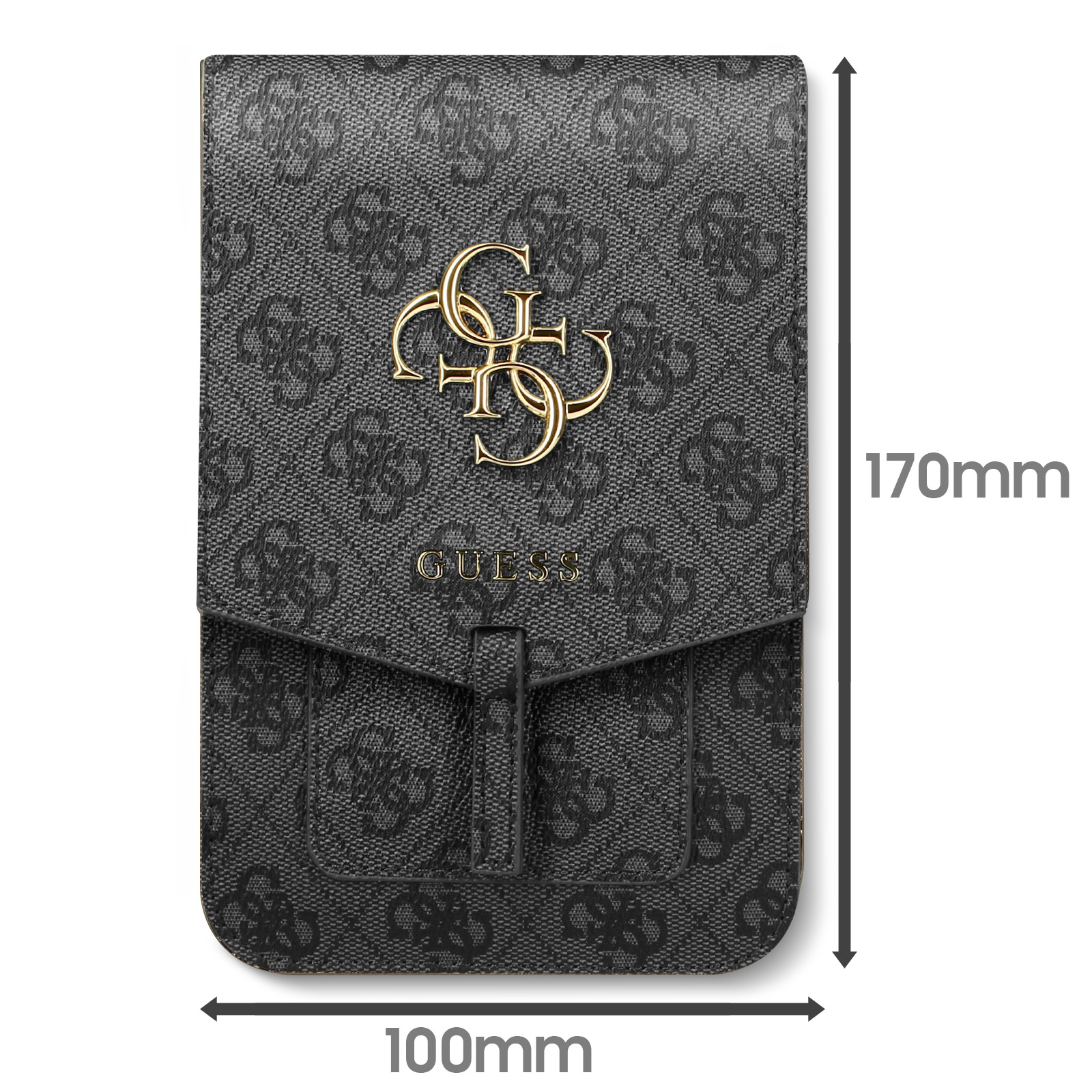 Custodia per telefono nera e grigia con scritta GUESS dorata e dimensioni 170mm x 100mm.