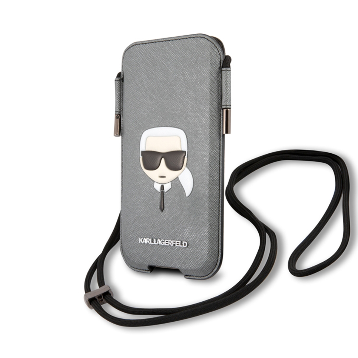 Graue Handyhülle mit Karl Lagerfeld Design und schwarzem Riemen.