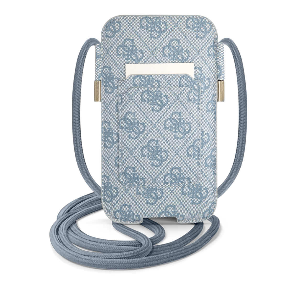 Custodia per telefono azzurra con un design a fantasia e un cordino grigio. Una carta bianca è in una tasca.