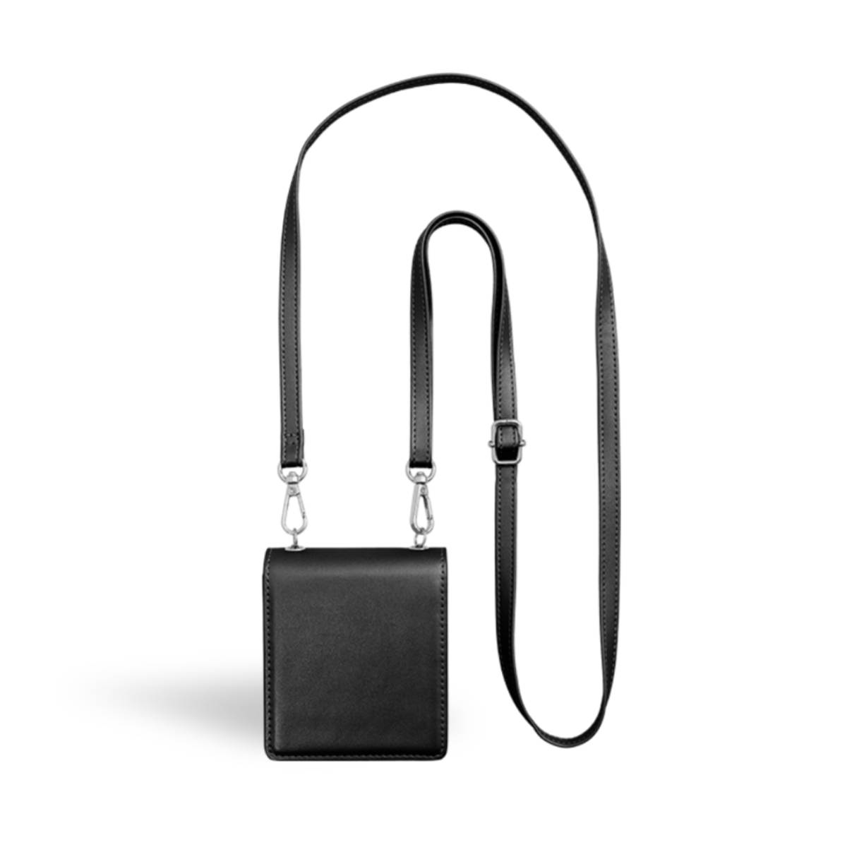 Eine schwarze Umhängetasche für das Telefon mit Schulterriemen.