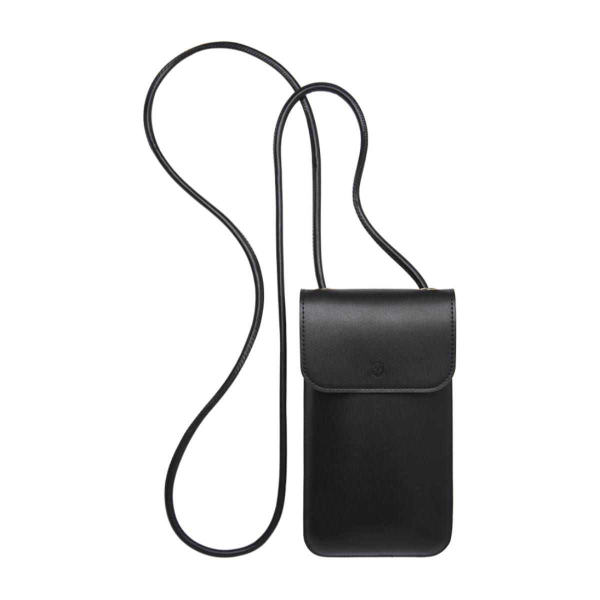 Borsa per telefono in pelle nera con cinturino, appesa su sfondo bianco.