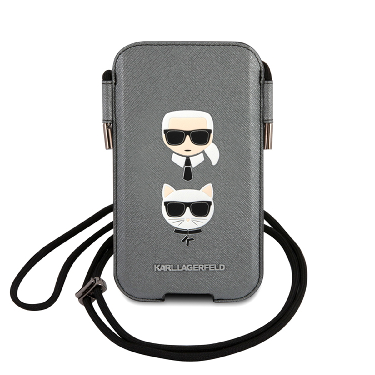 Custodia grigia per telefono con design Karl Lagerfeld. Laccio nero. Sfondo bianco.