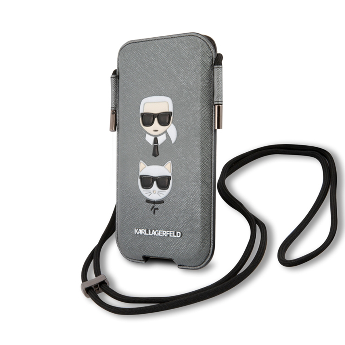 Custodia grigia per telefono con figure Karl Lagerfeld e cinturino nero.
