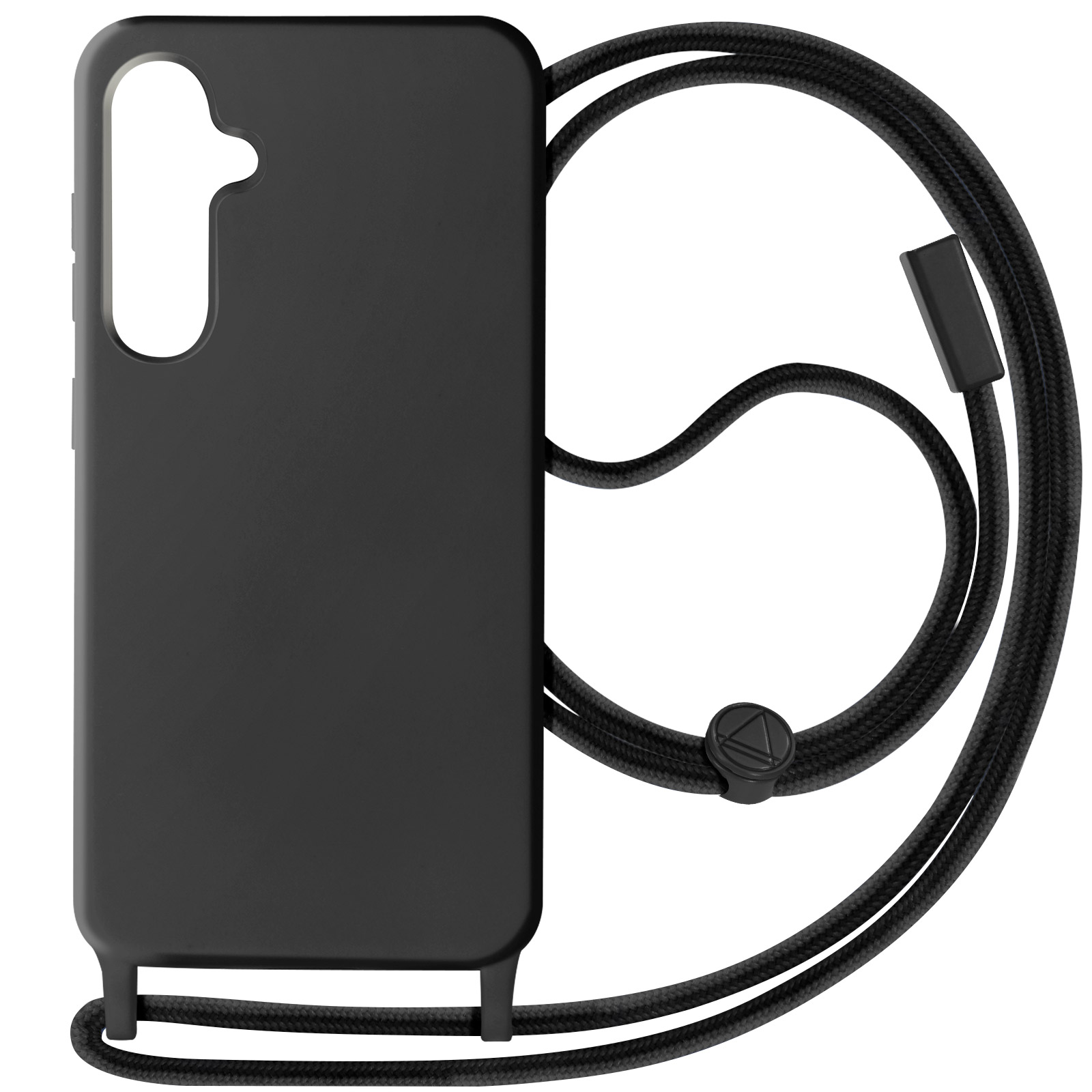 Coque de téléphone noire avec cordon noir sur fond blanc.
