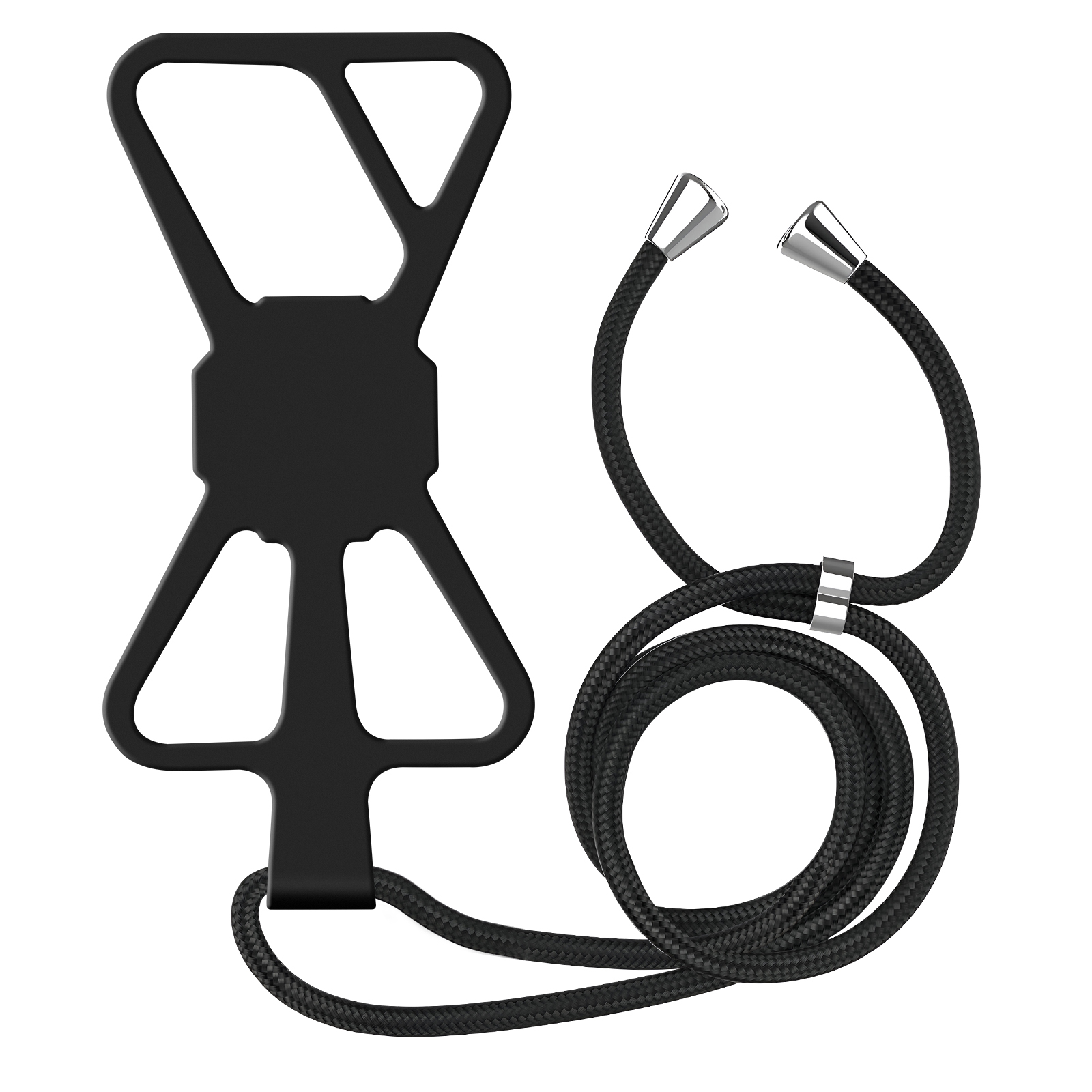 Supporto per telefono nero con cordino, vista dall'alto, che mostra il supporto e il cordino nero.