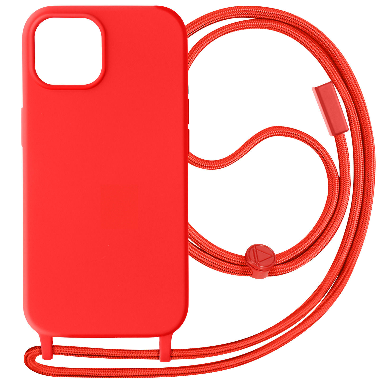Custodia per telefono rossa con cordino rosso. La custodia copre il telefono. Sfondo bianco.