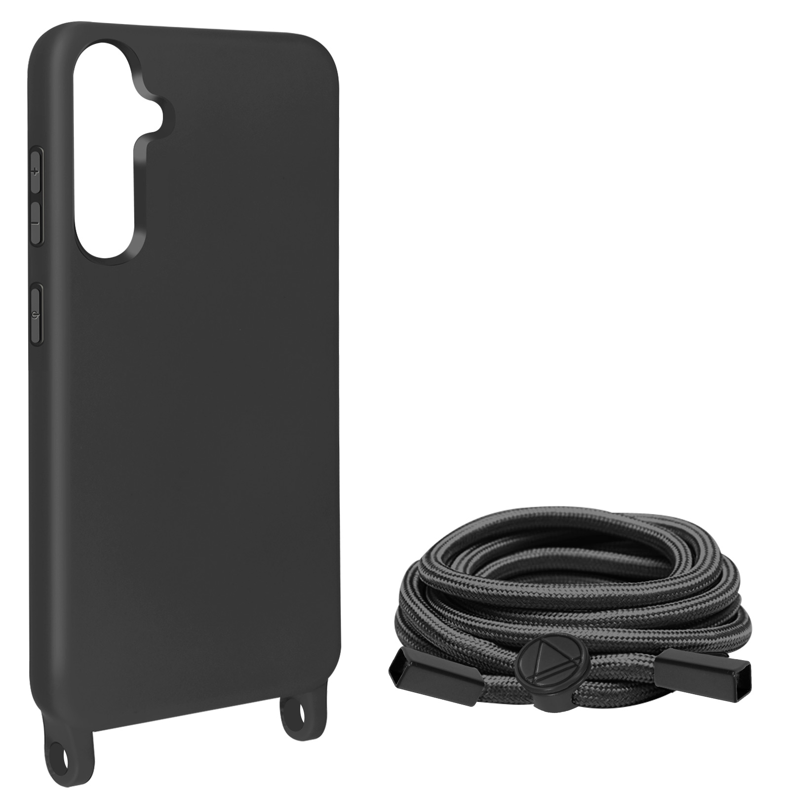 Coque de téléphone noire avec cordon. La coque est à gauche, le cordon enroulé à droite.