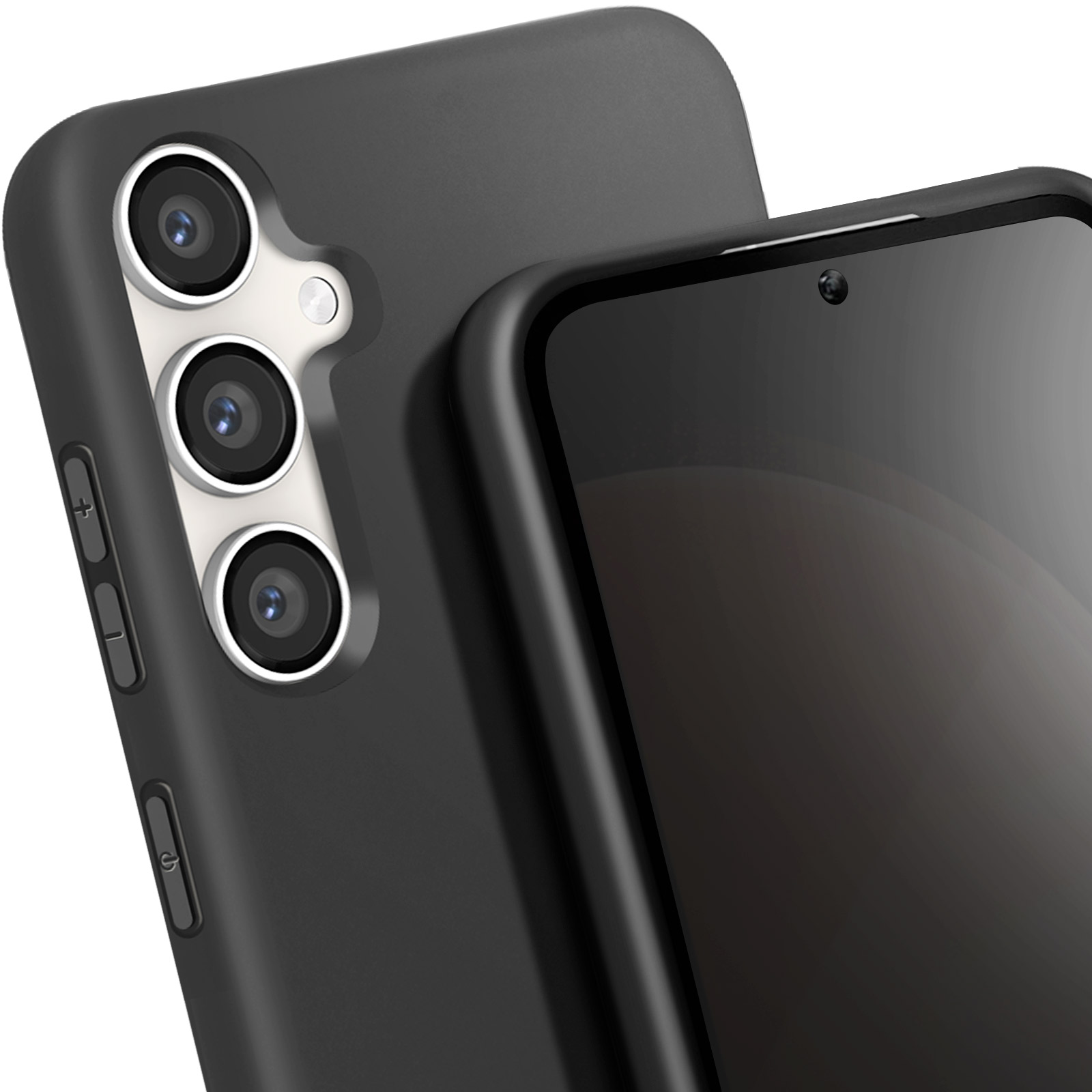 Coque de téléphone noire avec trois caméras, gros plan sur le téléphone.